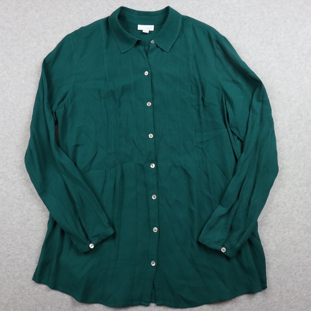 J Jill Shirt Top Womens Medium Collared Tunic Rayon Button Up Green Long Sleeve